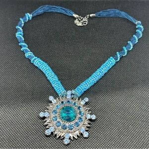 Blue and Silver Beaded Necklace with Sunburst Pendant